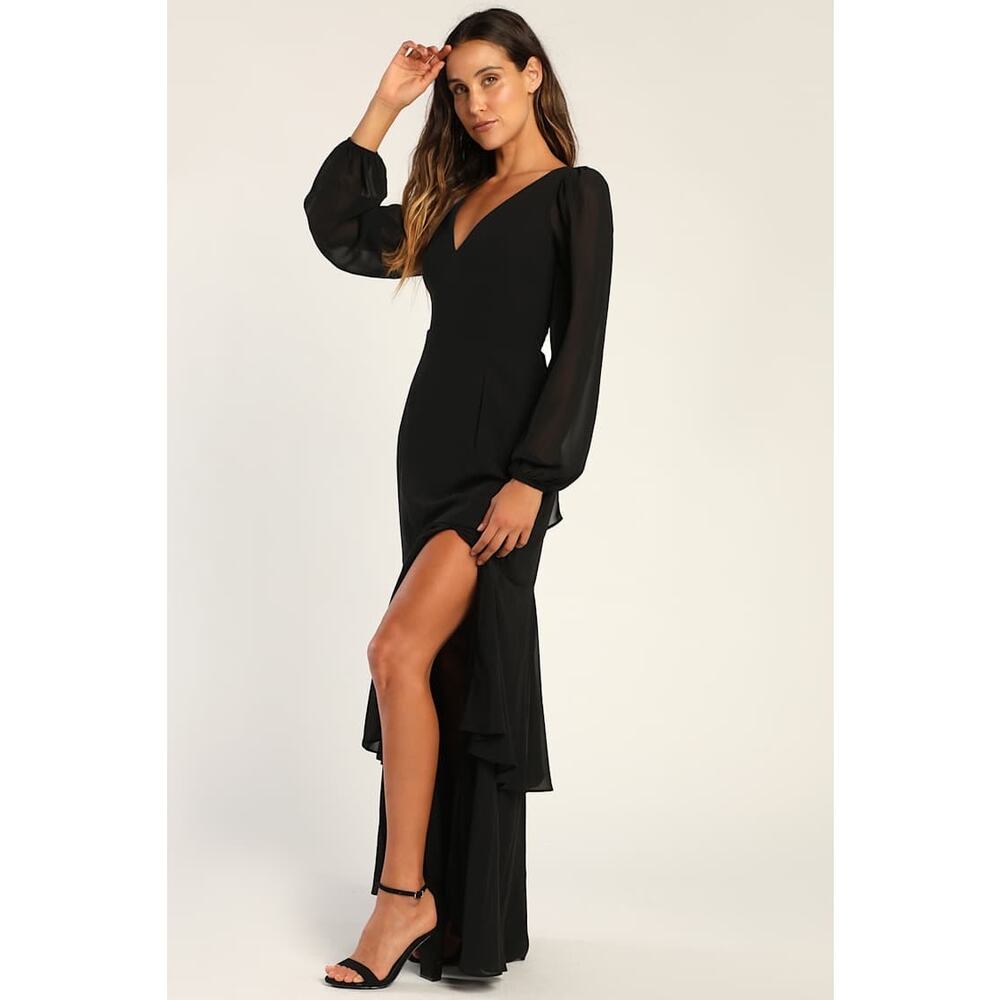 Lulus Tier Elegance Black Long Sleeve Tiered Maxi Dress Chiffon Formal M NWT - Picture 2 of 12